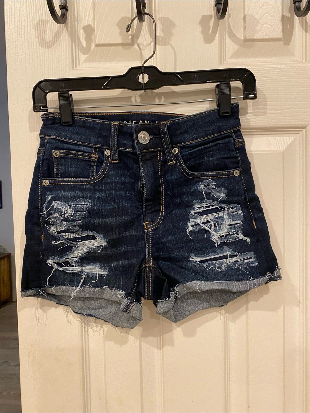American Eagle Outfitters Dark Indigo Distressed Roll-Cuff Jean Shorts